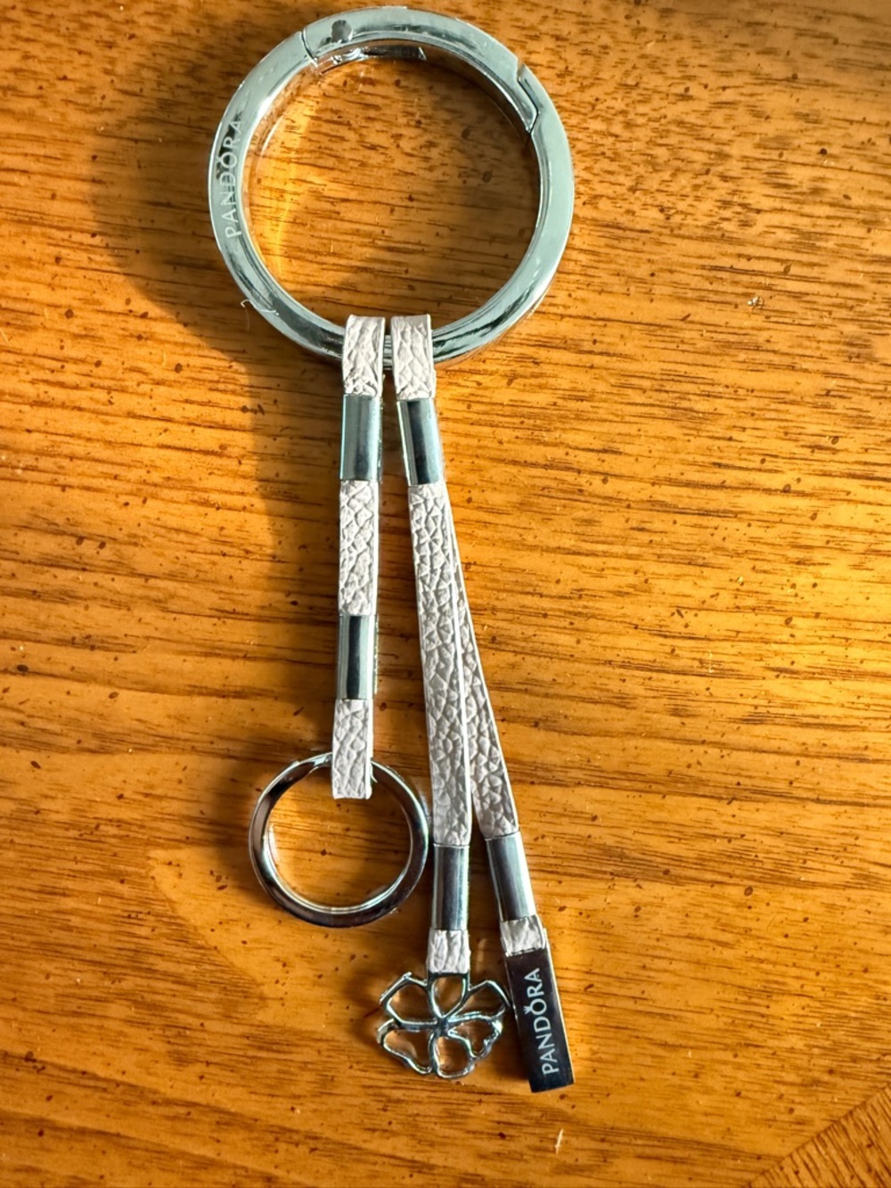 Pandora Beige Leather Strap Keyring with Silver Flower Accent